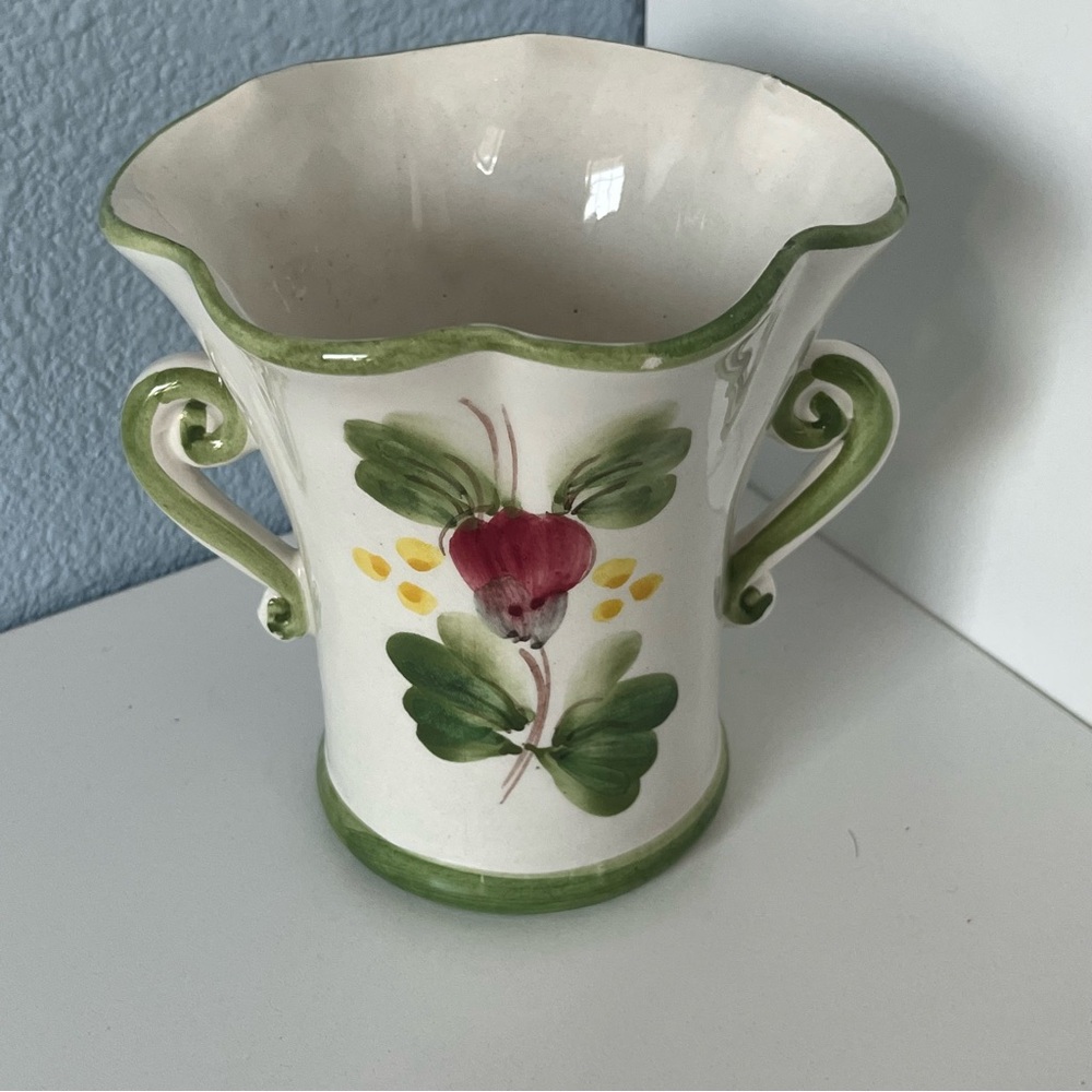 Elegant Green and White Ceramic Vase with Floral Art Hand Painted in Portugal